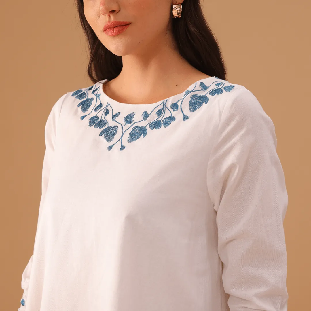 White Ramie Dress with A-Line Skirt