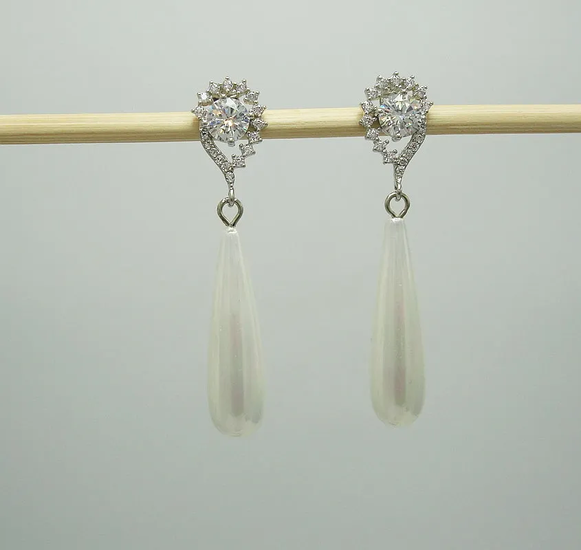 White Shell Pearl Teardrop  and Cubic Zirconia  Ear Post Dangle Earrings.