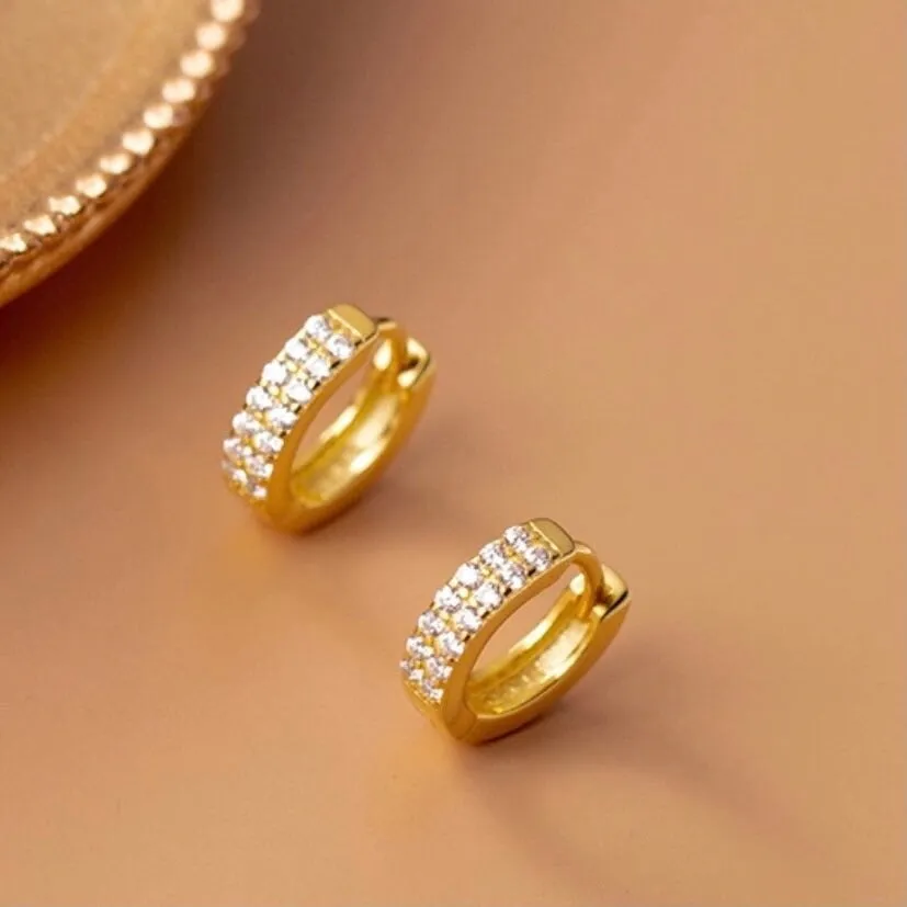 Wide Small Solid Silver CZ Diamonds Huggie Earrings