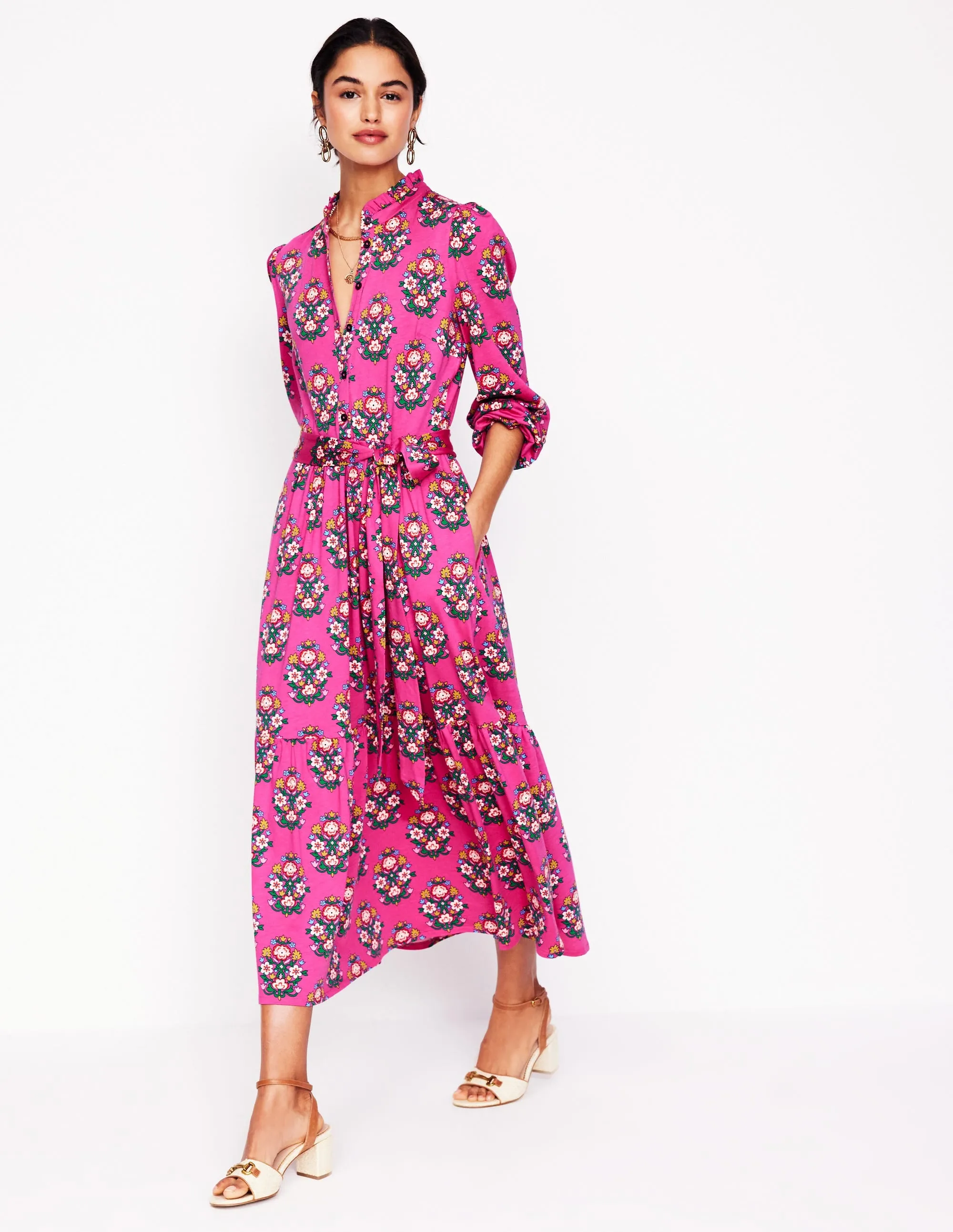 Willow Tiered Jersey Dress-Cosmos Pink, Wildflower Stamp