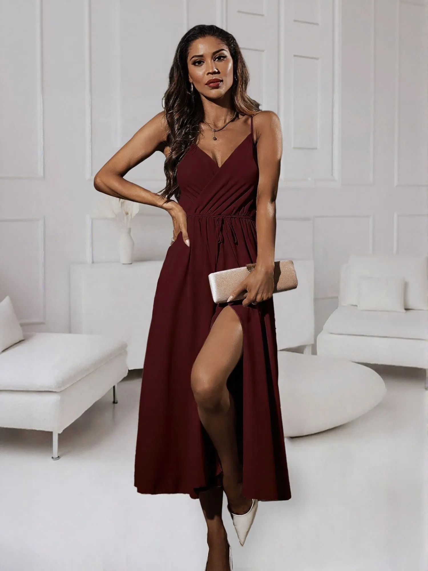 Wine High Slit Wrap Maxi Dress