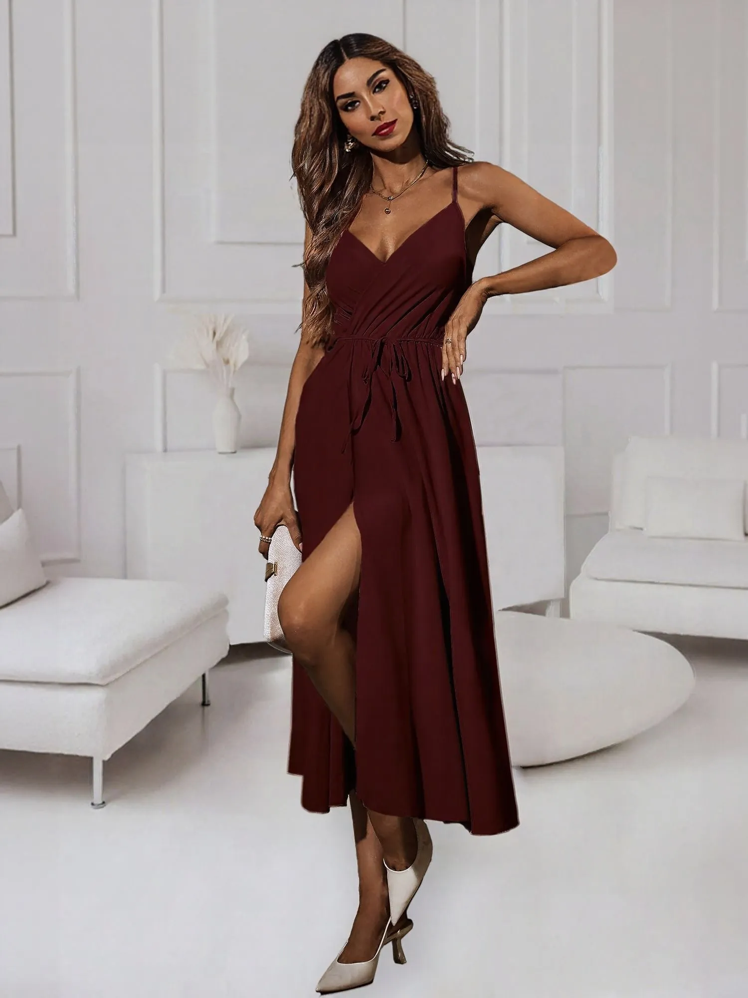 Wine High Slit Wrap Maxi Dress