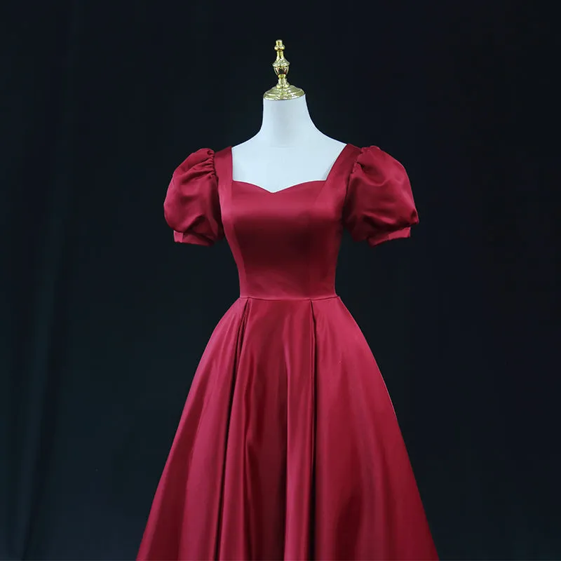 Wine Red Satin Bridesmaid Dress Party Dress, Tea Length Prom Dresses