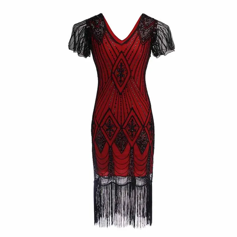 Women's 1920s Dress Sequin Art Deco Flapper Dress with Sleeve