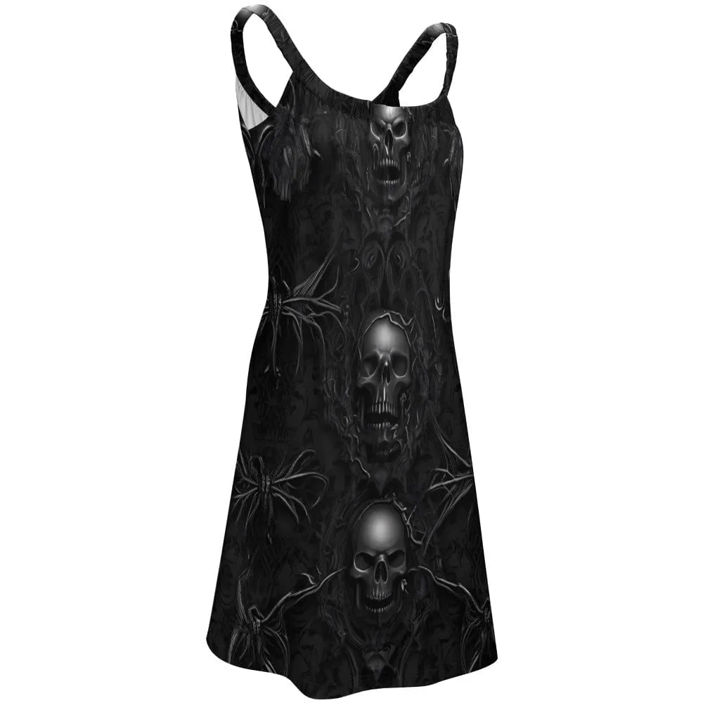 Women's Black Skulls Wide Straps Knee Length Dress