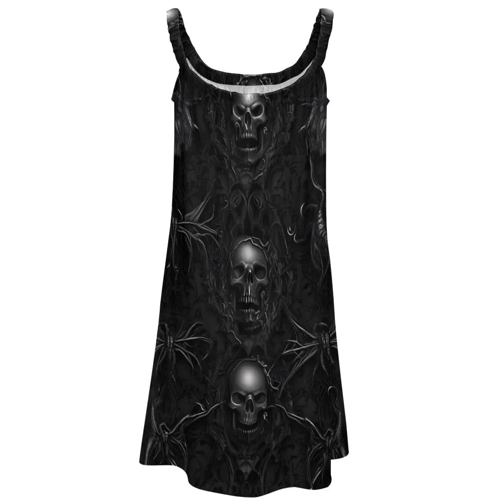Women's Black Skulls Wide Straps Knee Length Dress