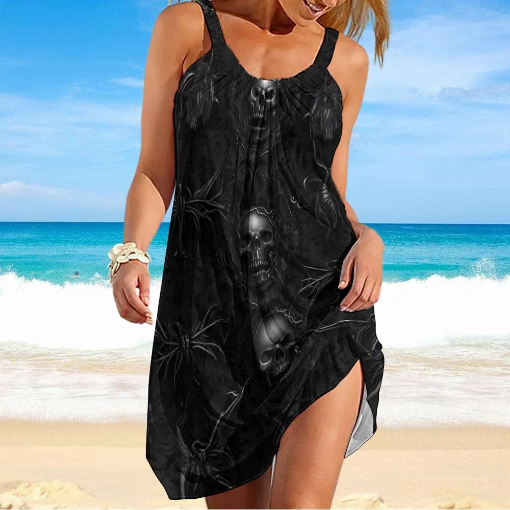 Women's Black Skulls Wide Straps Knee Length Dress