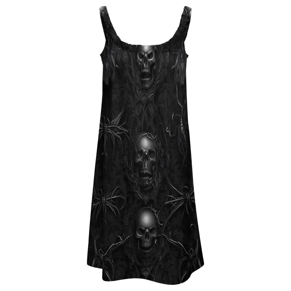 Women's Black Skulls Wide Straps Knee Length Dress