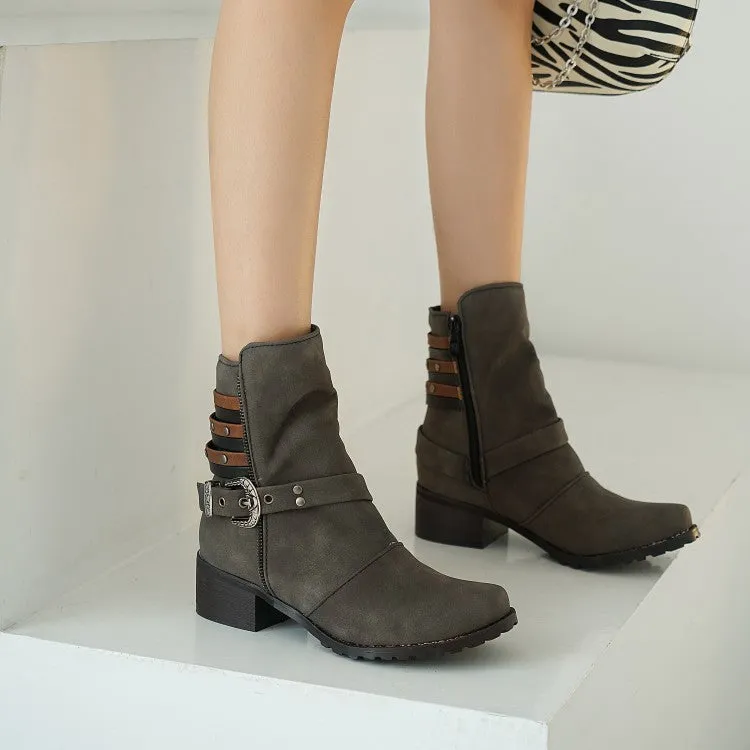 Women's Buckle Belt Low Heels Short Boots