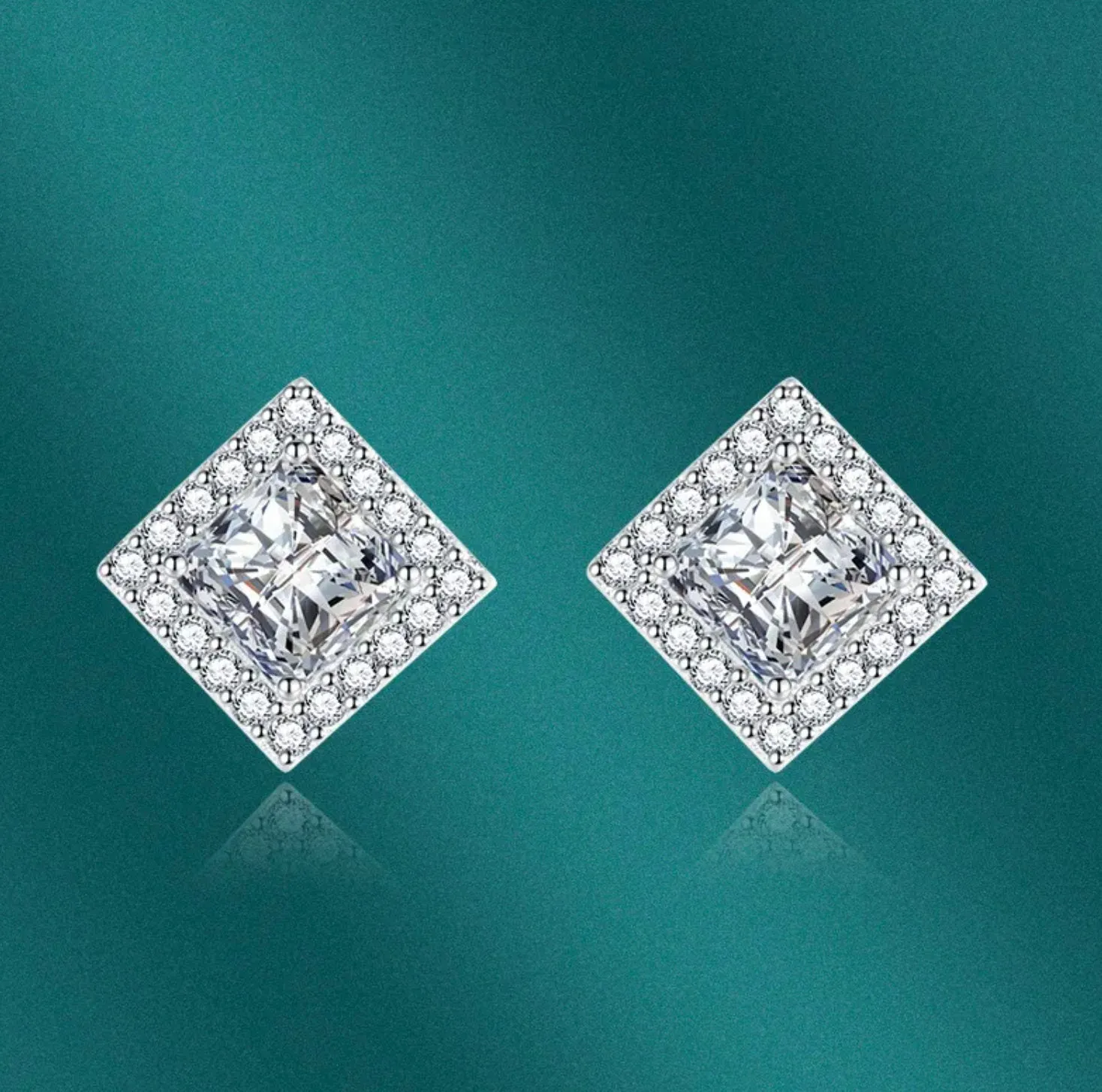 Womens Ear Studs | Square Shape Earrings | Diamond Ear Studs | Halo Diamond Earrings | Princess Cut Earrings | Womens Stud Earrings