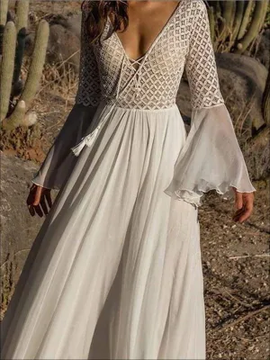 Women's Flare Sleeve Lace Up Chiffon Maxi Dress
