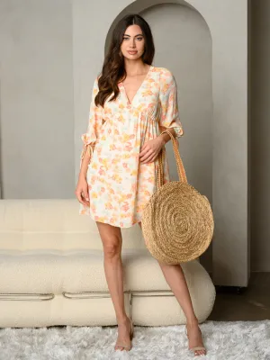 WOMEN'S FLORAL PRINT V-NECK 3/4 BAND TIE-SLEEVE MINI DRESS