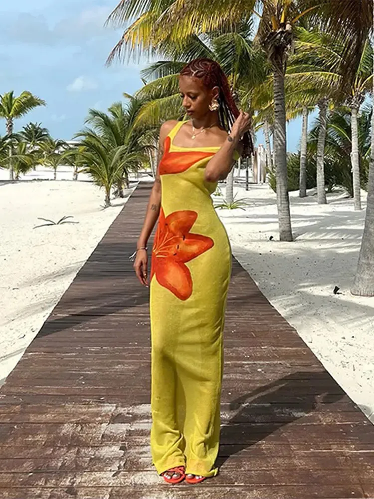 Women's Gradient Diagonal Collar Maxi Dresses Fashion Hollow Out Backless Sleeveless Dresses Irregular Evening Cocktail Dress