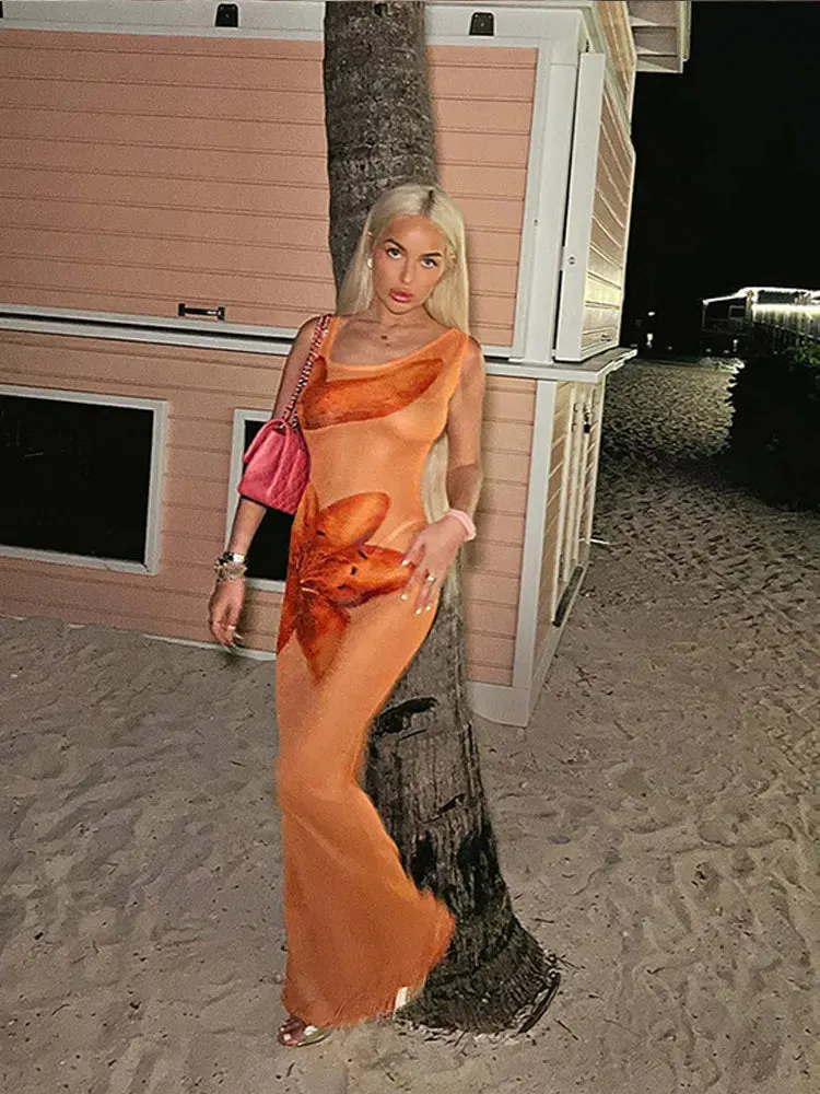 Women's Gradient Diagonal Collar Maxi Dresses Fashion Hollow Out Backless Sleeveless Dresses Irregular Evening Cocktail Dress
