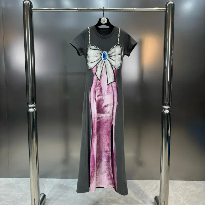 Women's Print Distressed Long Dress with Bow Pearl Straps Spring Summer Maxi Dress