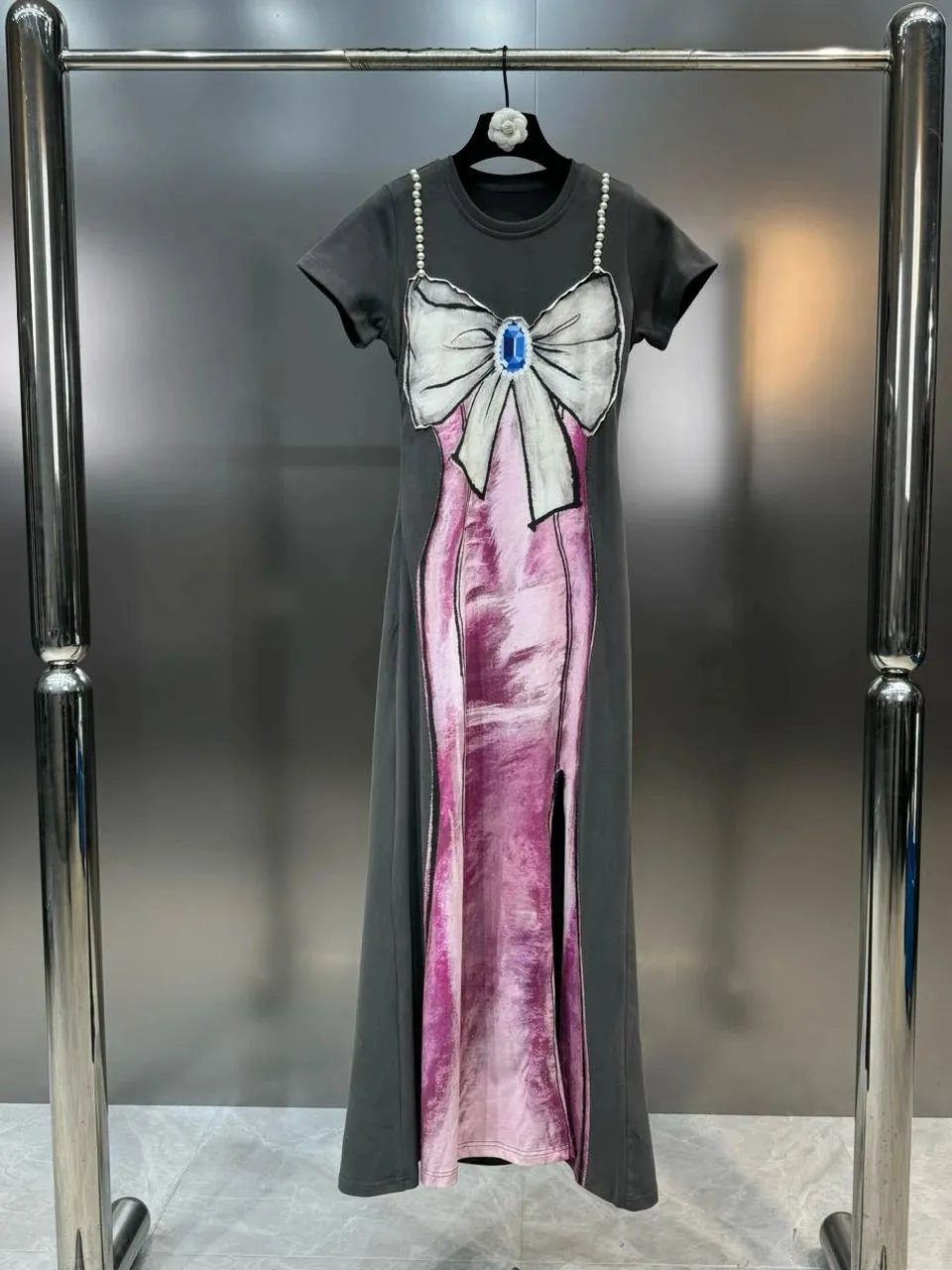 Women's Print Distressed Long Dress with Bow Pearl Straps Spring Summer Maxi Dress