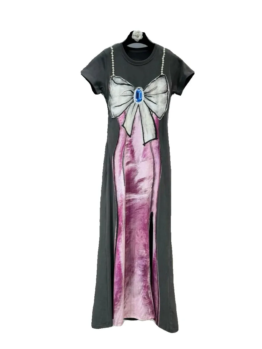 Women's Print Distressed Long Dress with Bow Pearl Straps Spring Summer Maxi Dress