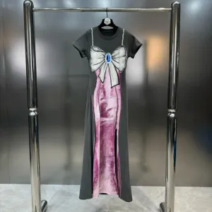 Women's Print Distressed Long Dress with Bow Pearl Straps Spring Summer Maxi Dress