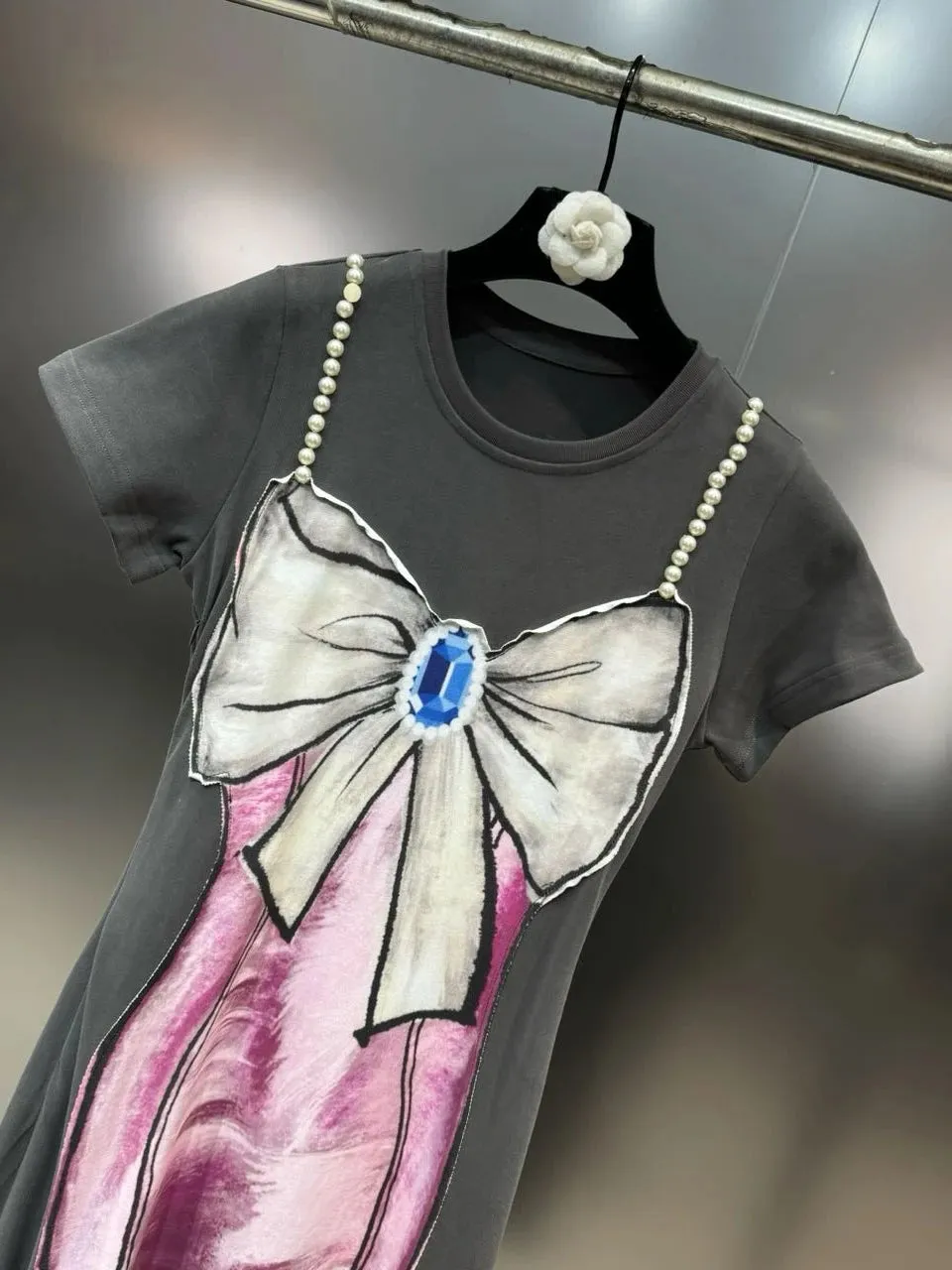 Women's Print Distressed Long Dress with Bow Pearl Straps Spring Summer Maxi Dress