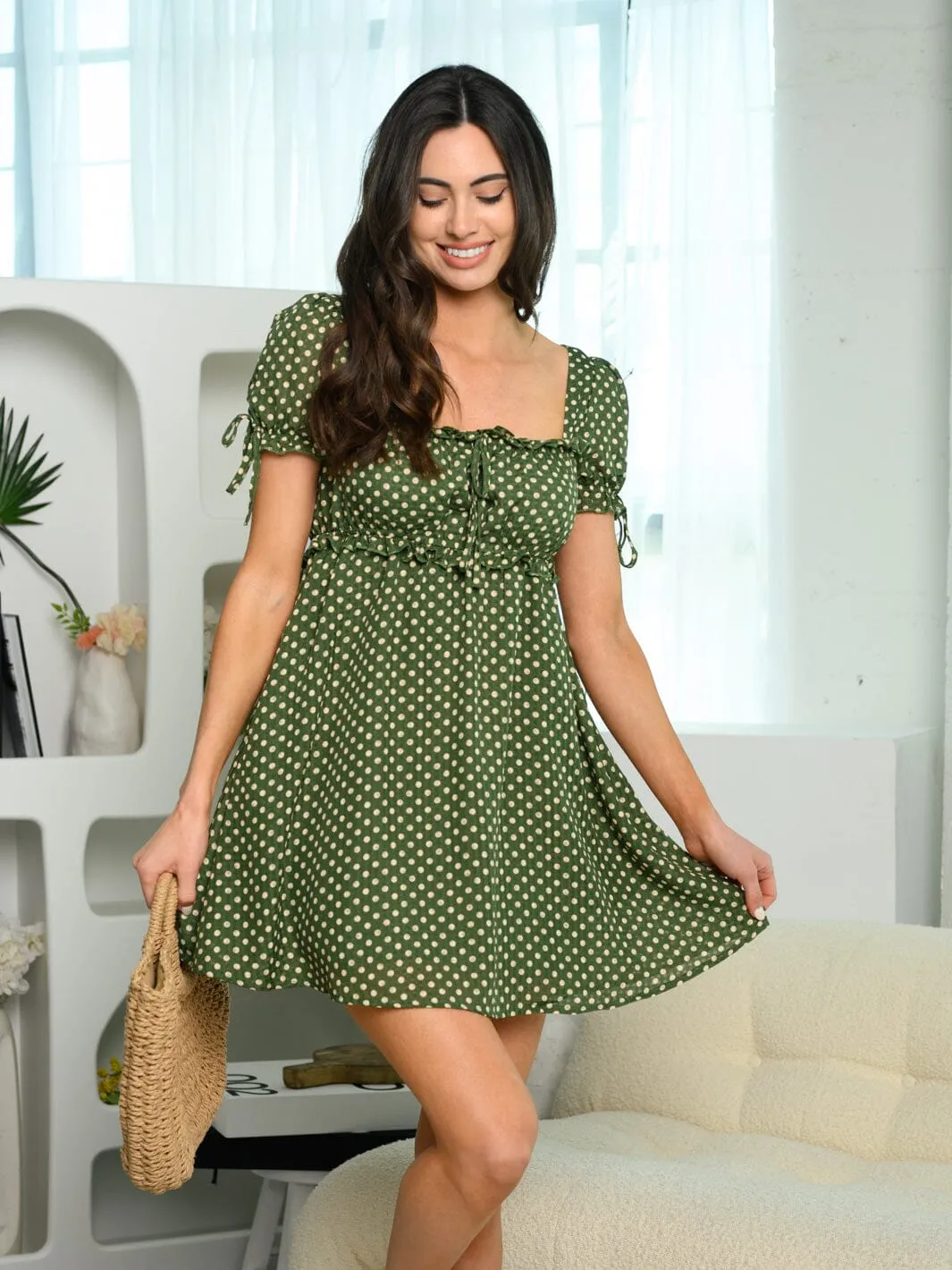 WOMEN'S SHORT PUFF SLEEVE POLKA DOT OPEN BACK BABYDOLL MINI DRESS