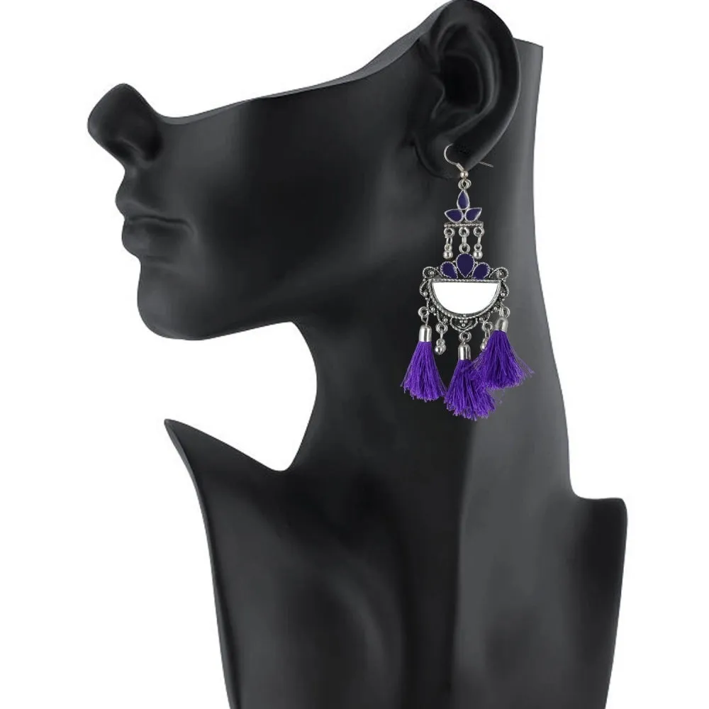 Women's Silver Plated Afgani Tassel Earrings-Purple
