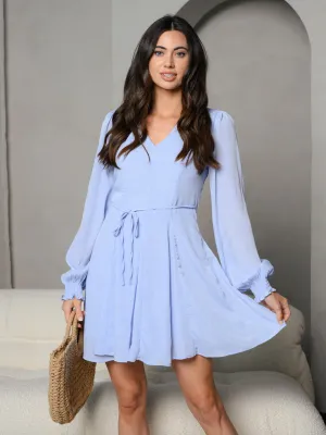 WOMEN'S V-NECK TIE WAIST SMOCKED LONG SLEEVE MINI DRESS