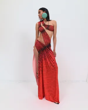Wrap-around dress in red leopard